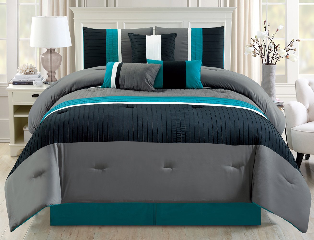 Photo 1 of Grand Linen Modern 7 Piece Oversize Teal Blue/Grey/Black Pin Tuck Stripe Comforter Set California (Cal) King Size Bedding with Accent Pillows 106"X94"