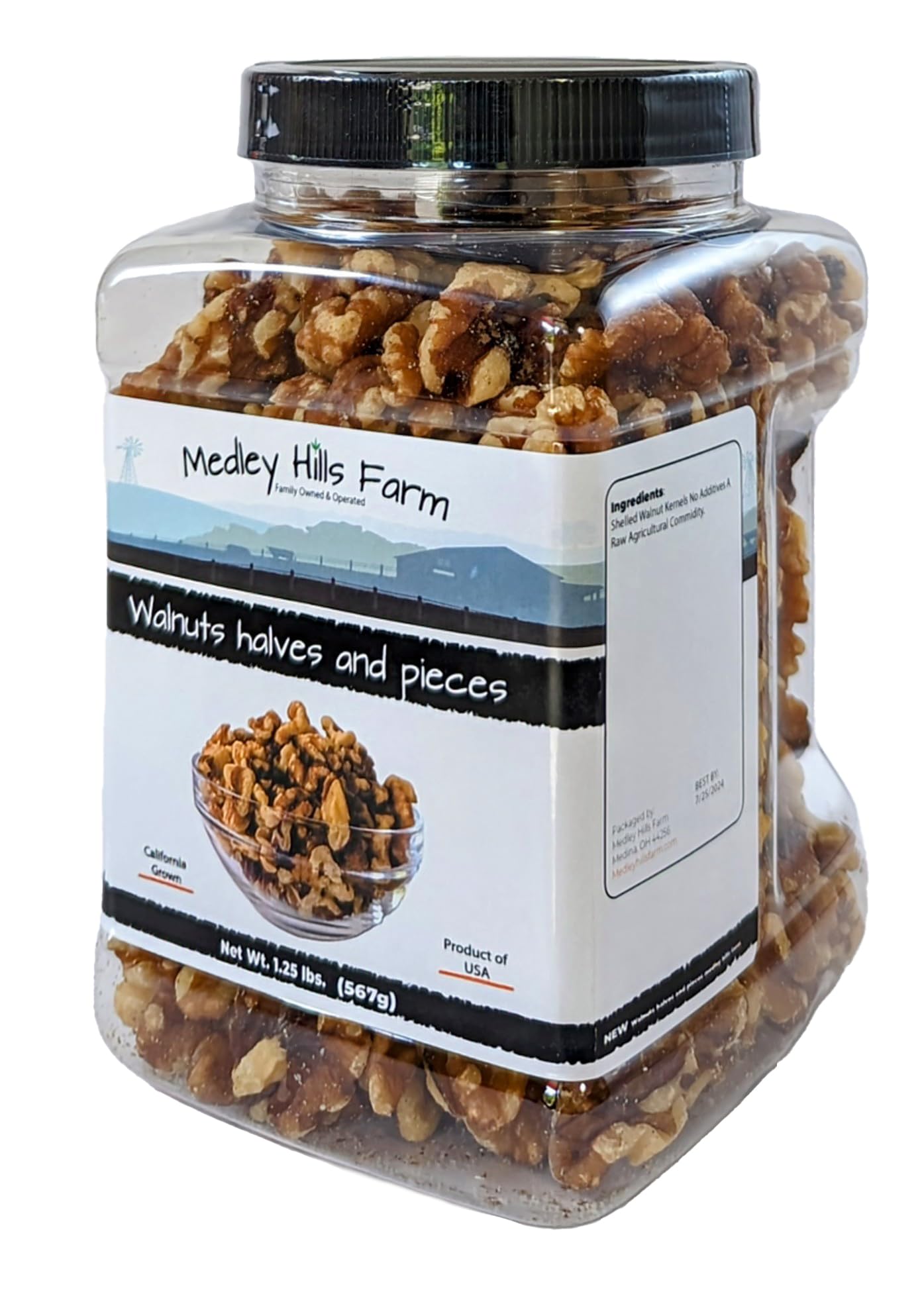 Walnuts halves and pieces By Medley Hills Farm in Reusable Container 1.25 lbs. - Shelled Premium California Walnuts - Raw Walnuts - California Grown - Product of USA