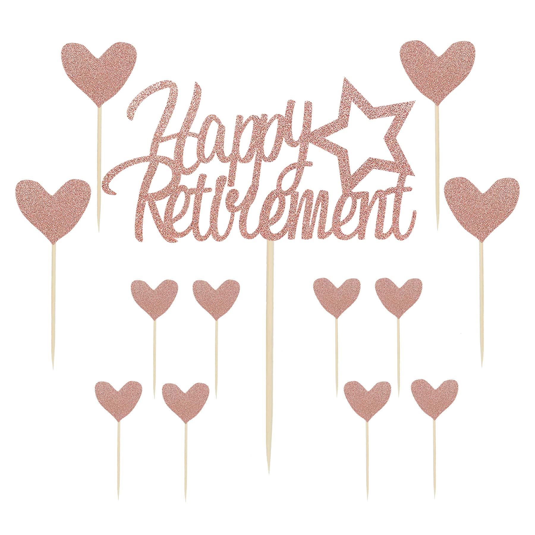 Sotpot 13PCS Rose Gold Glitter Happy Retirement Cake Topper with Heart Cupcake Toppers Retired Cake Topper for Men Women Retirement Party Cake Decorations