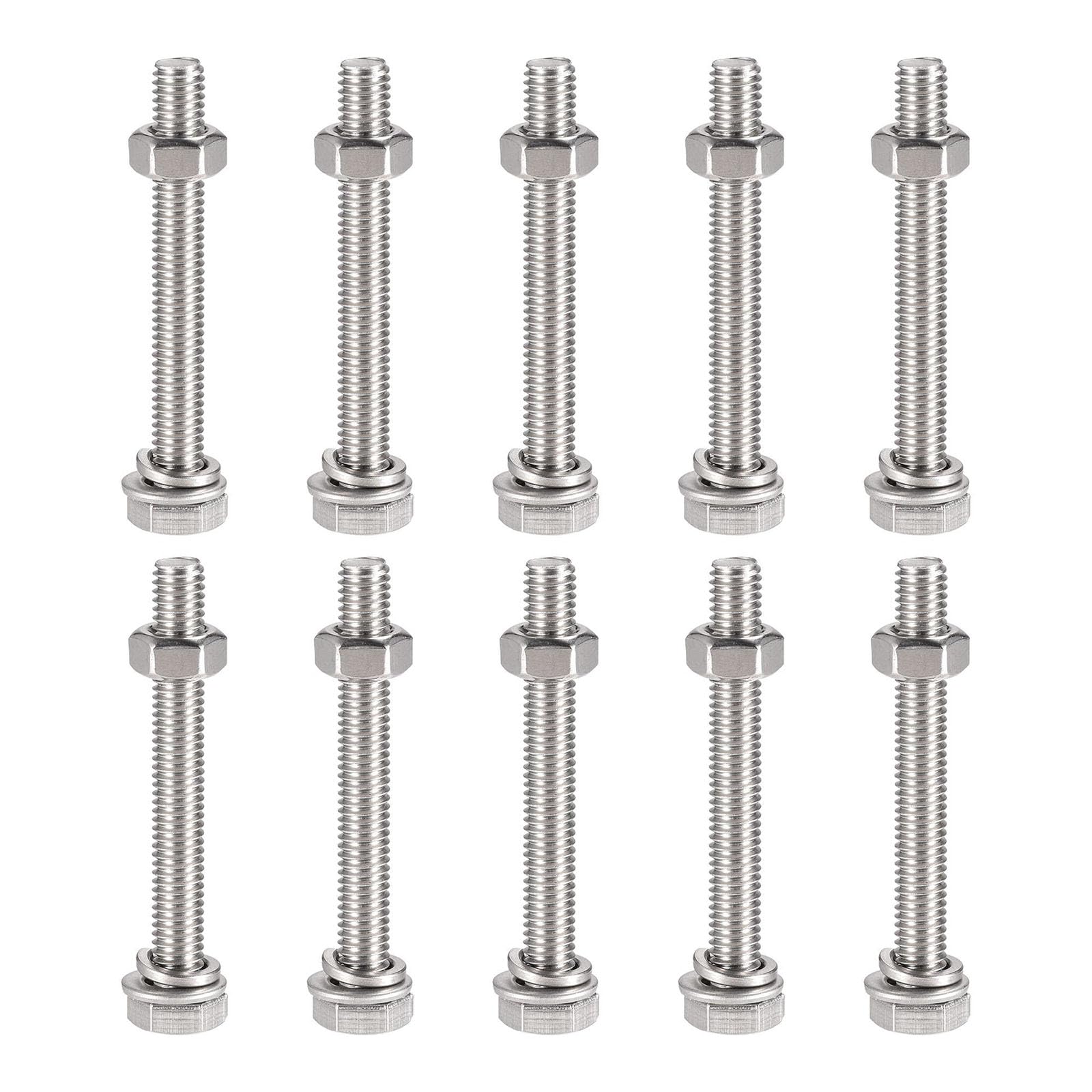 TOP-VIGOR 10Pcs M6 x 50mm Hex Head Screws Bolts, Nuts, Flat & Lock Washers Kits, 304 Stainless Steel Fully Thread Hexagon Bolts for DIY Bike Motorcycles Repair