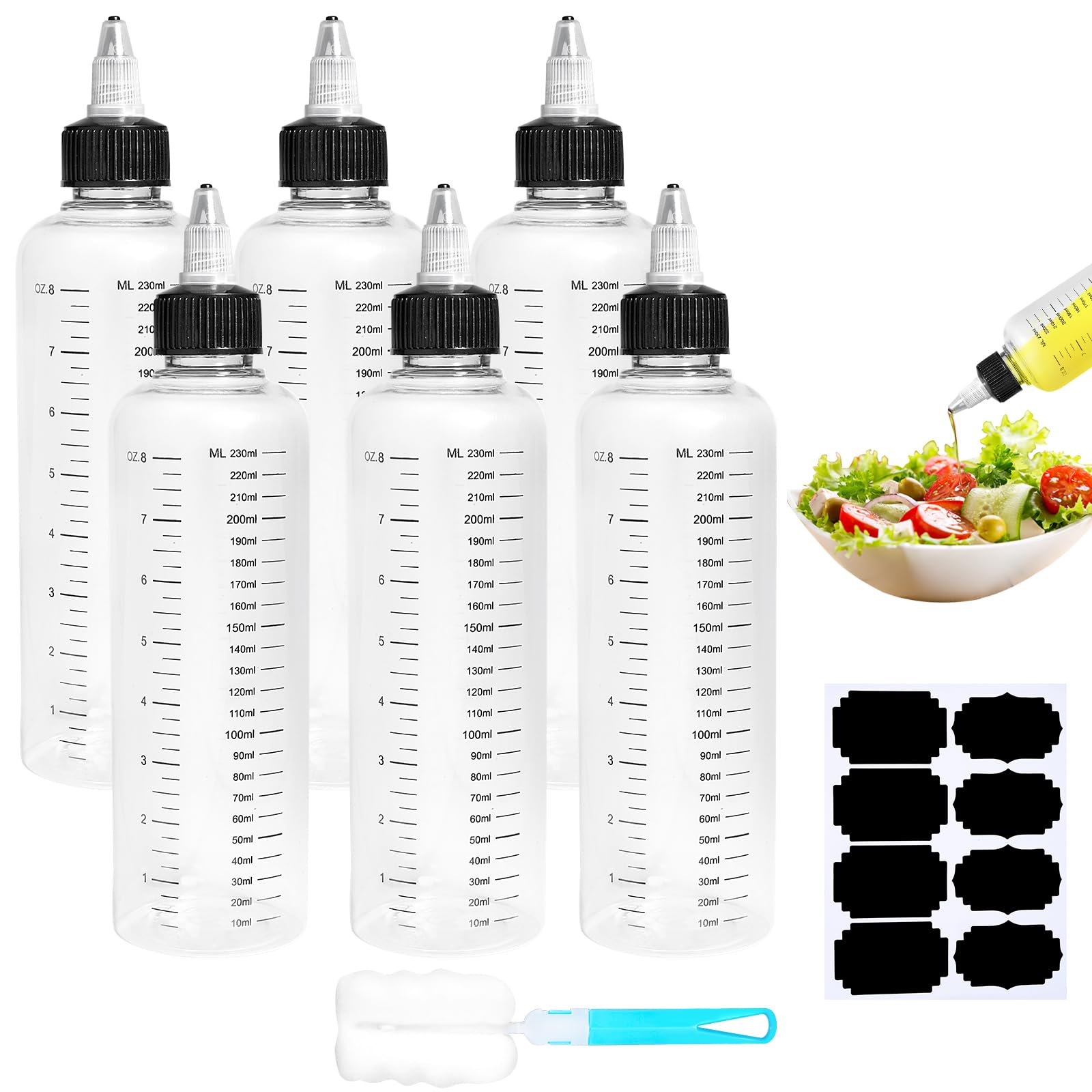 Amentalove 6PCS 250ml Squeezy Bottles with Nozzles, 8oz Squeezy Bottles with Scale, Sauce Bottle, Plastic Squeeze Bottle, Clear Condiment Bottle with Labels Brush for Sauce Oil Ketchup DIY Crafts
