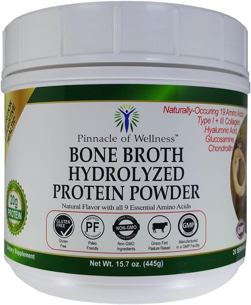 Pinnacle of Wellness Bone Broth Hydrolyzed Protein Powder - Natural Flavor - 20 Servings 15.7oz (445g)