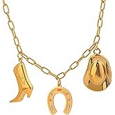 CUFELMU Western Cowboy Pendant Necklace, Gold Chain, Boot Horseshoe and Hat Charms, Adjustable Country Rodeo Jewelry for Women
