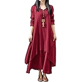 R.Vivimos Women Long Sleeve Cotton Casual Loose Plus Size Irregular Long Dresses