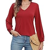 Amzdora Womens Dressy Tops V Neck Floral Long Sleeve Shirts Loose Puff Sleeve Work Blouses Casual Fall Stylish Clothes