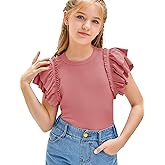 Girls Ruffle Short Sleeve Shirts Mock Neck Ribbed Knit Summer Pullover Tops