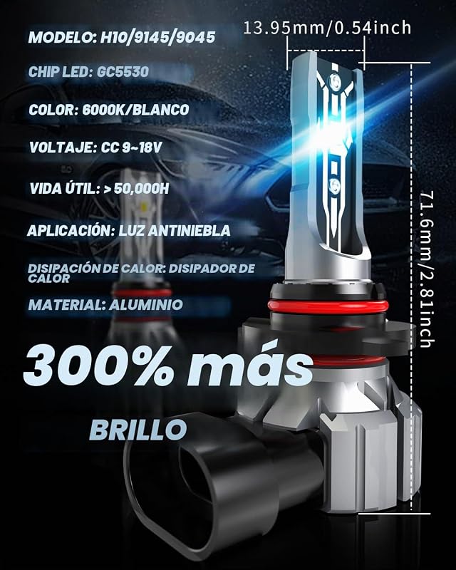 Bombilla H10 LED 55W, 9145 9140 LED Canbus Kit De Conversión De Luz Antiniebla Para Automóvil, 12000LM Bombillas Para Luces Antiniebla, 6000K Xenón Blanco (2 piezas)