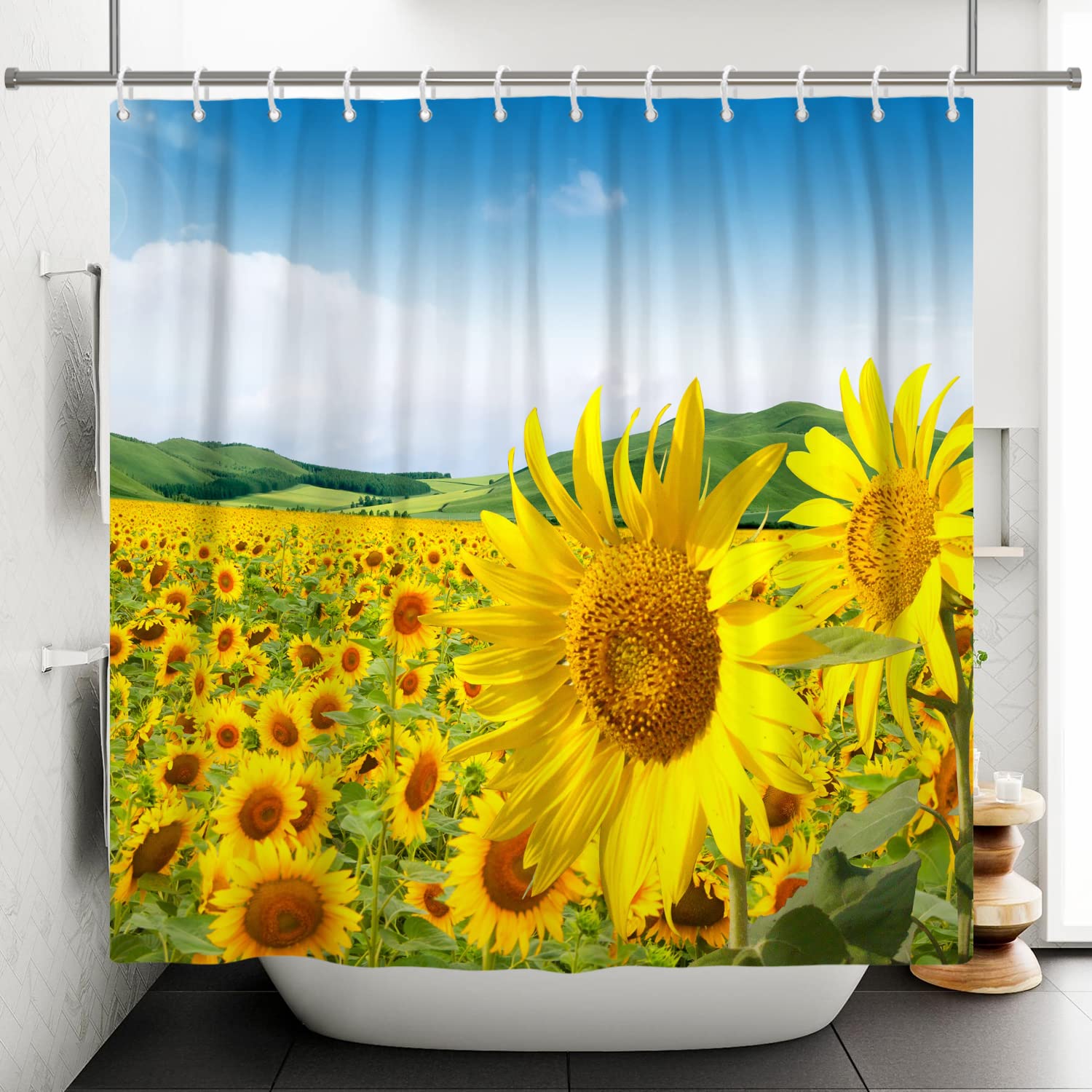 Bovlleetd Sunflower Shower Curtain Polyester Yellow Flower Garden Bath Curtain 71x71inch Beautiful Spring Natural Landscape Bathroom Decorative Curtain Waterproof Bathtub Curtain with Hooks