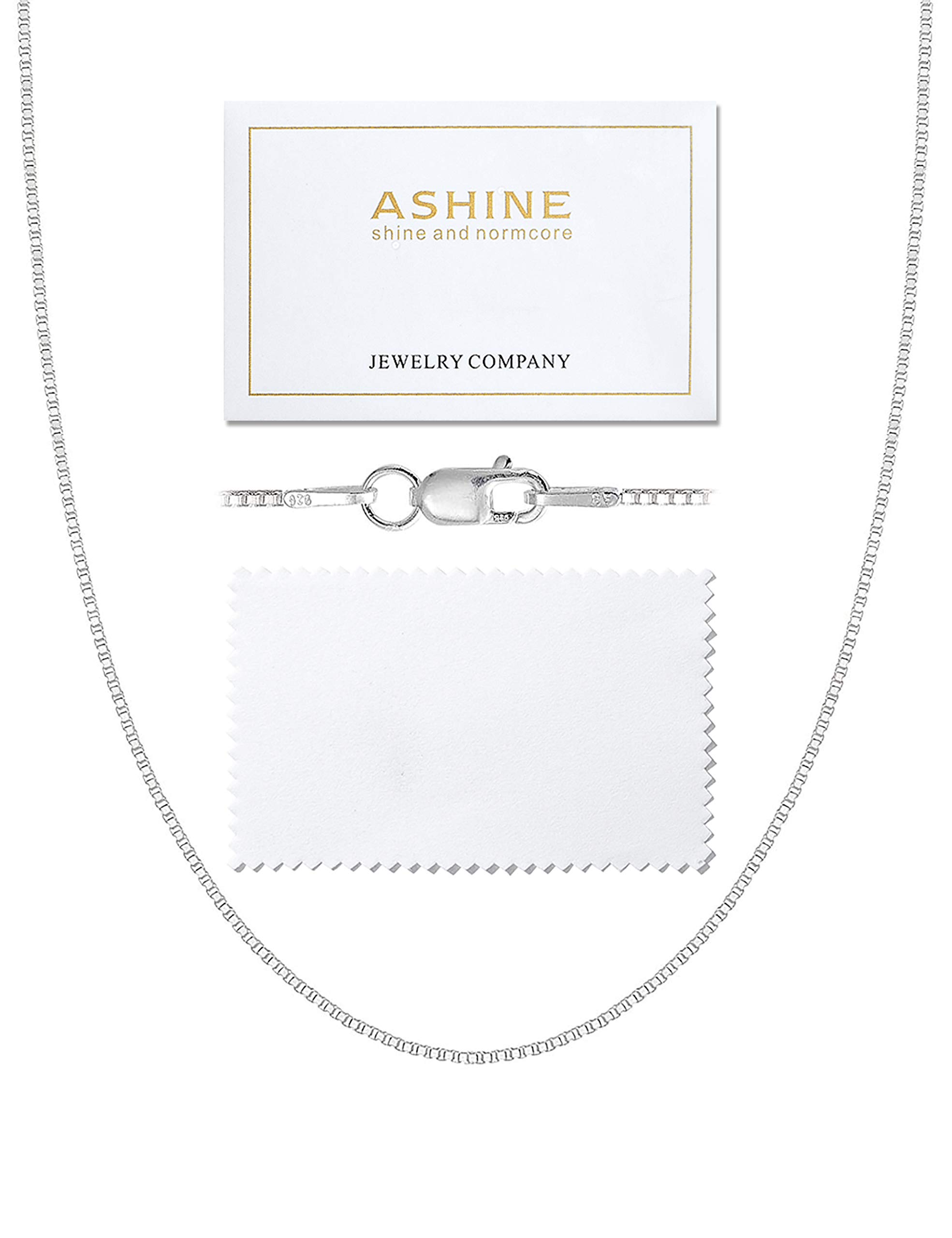 ASHINE 925 Sterling Silver Box Chain Necklace for Women, 1mm 0.8mm Italian Chains, Dainty & Sturdy Necklace with Silver Polishing Cloth Available in 16-36 Inch