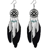 Boho Long Enamel Feather Dangle Drop Statement Stud Earring for Women Bohemian Ball Beaded Turquoise Tassel Dangling Link Piercing Fish Hook Earrings Ethnic Style Vintage Jhumka Jhumki Party Halloween Christmas Jewelry