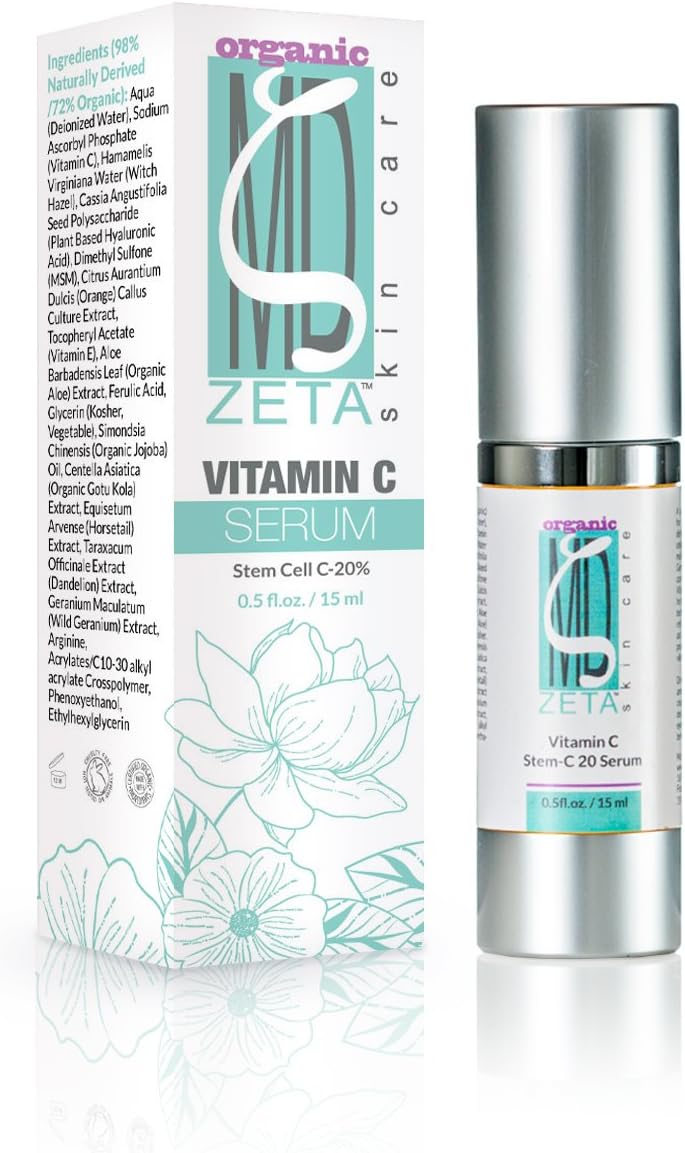 Stem Cell C Serum by ZetaMD Organics - Anti Aging Skin Care Formula with Natural Vegan Hyaluronic Acid Base with 20% Vitamin C