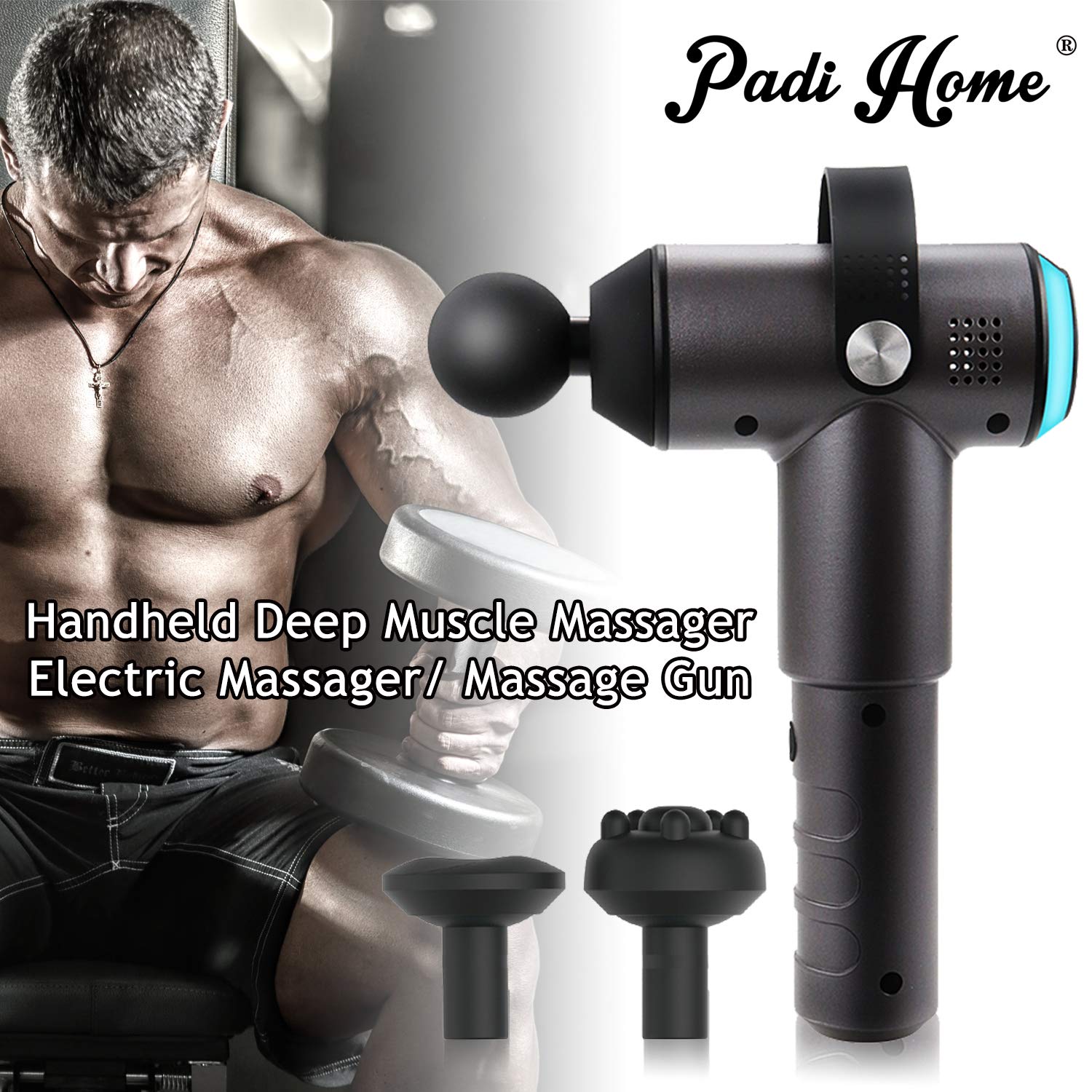 Padi Home Massage Gun Muscle Massager Massagegerät Handmassagegerät Kabelloses Wiederaufladbar mit 3 Massageköpfen, Körper Entspannen (Schwarz)