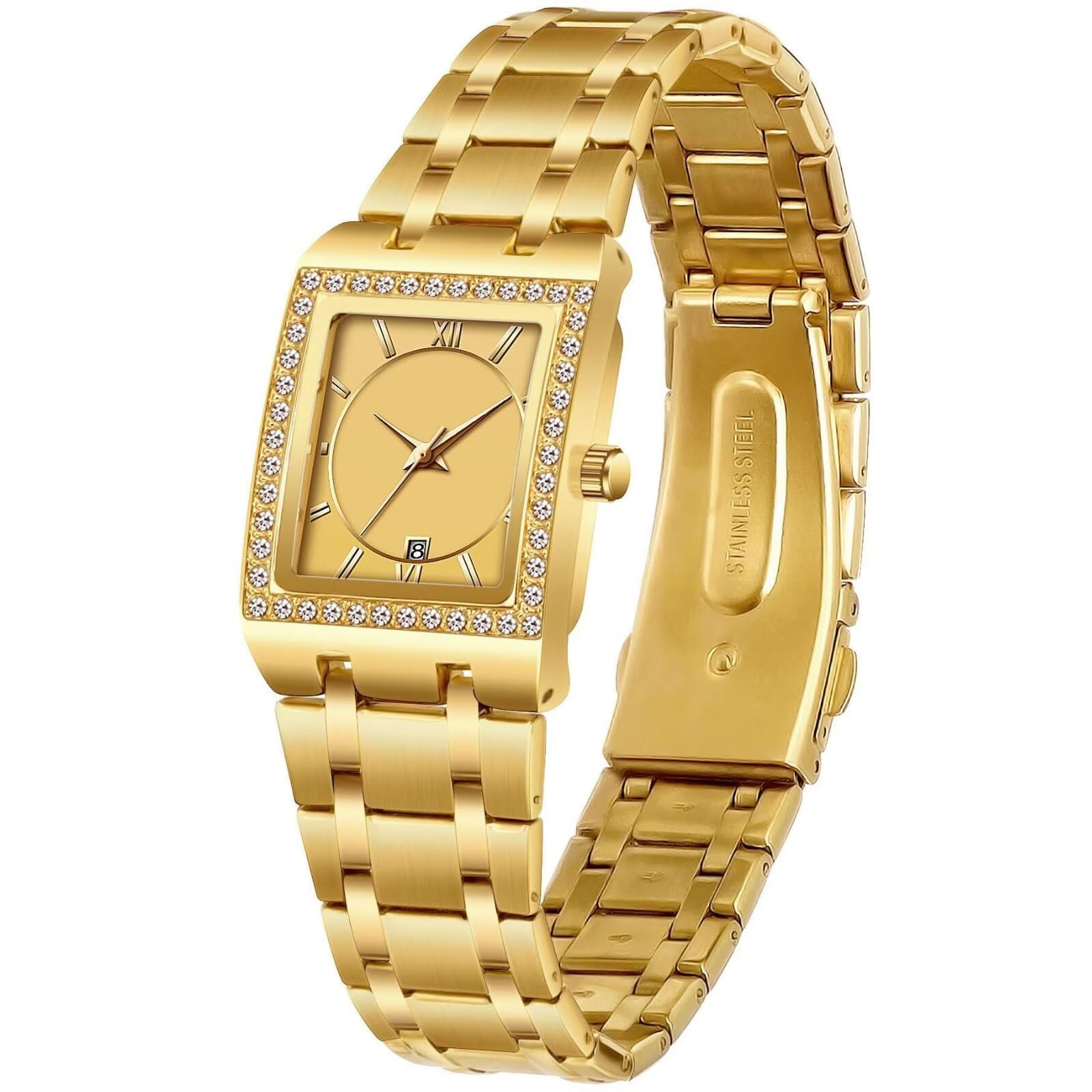 Photo 1 of Women's Luxury Stainless Steel Bracelet Watches Ladies Diamonds Bezel Square Waterproof Calendar Analog Quartz Wrist Watch (Gold)