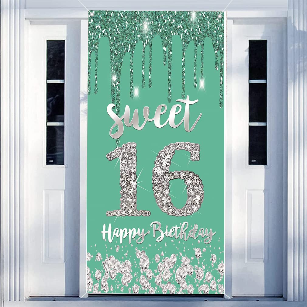Sweet 16 Birthday Decorations for Girl, Turquoise 16th Birthday Banner Fabric Sign Poster, 16 Years Old Party Supplies Door Cover Banner Photo Background Welcome Sign, 180 cm x 90 cm