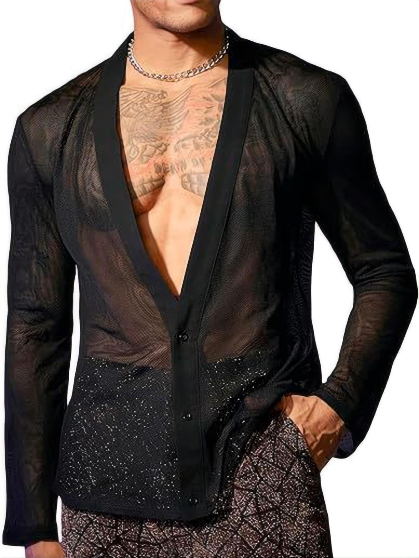 Photo 1 of COOLOYA Men's Mesh Sheer Solid Long Sleeve Deep V Neck Button Down Party Shirts Summer Tops Black L