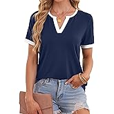 LilyCoco Women's Striped Shirt Short Sleeve Color Block Tops Notched Neck Summer Tee