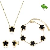 FUNIO Four Leaf Clover Bracelet Set for Women - 18K Gold Plated Flower Lucky 4 Leaf Necklace Bracelet Earrings Jewelry Sets Gift for Women