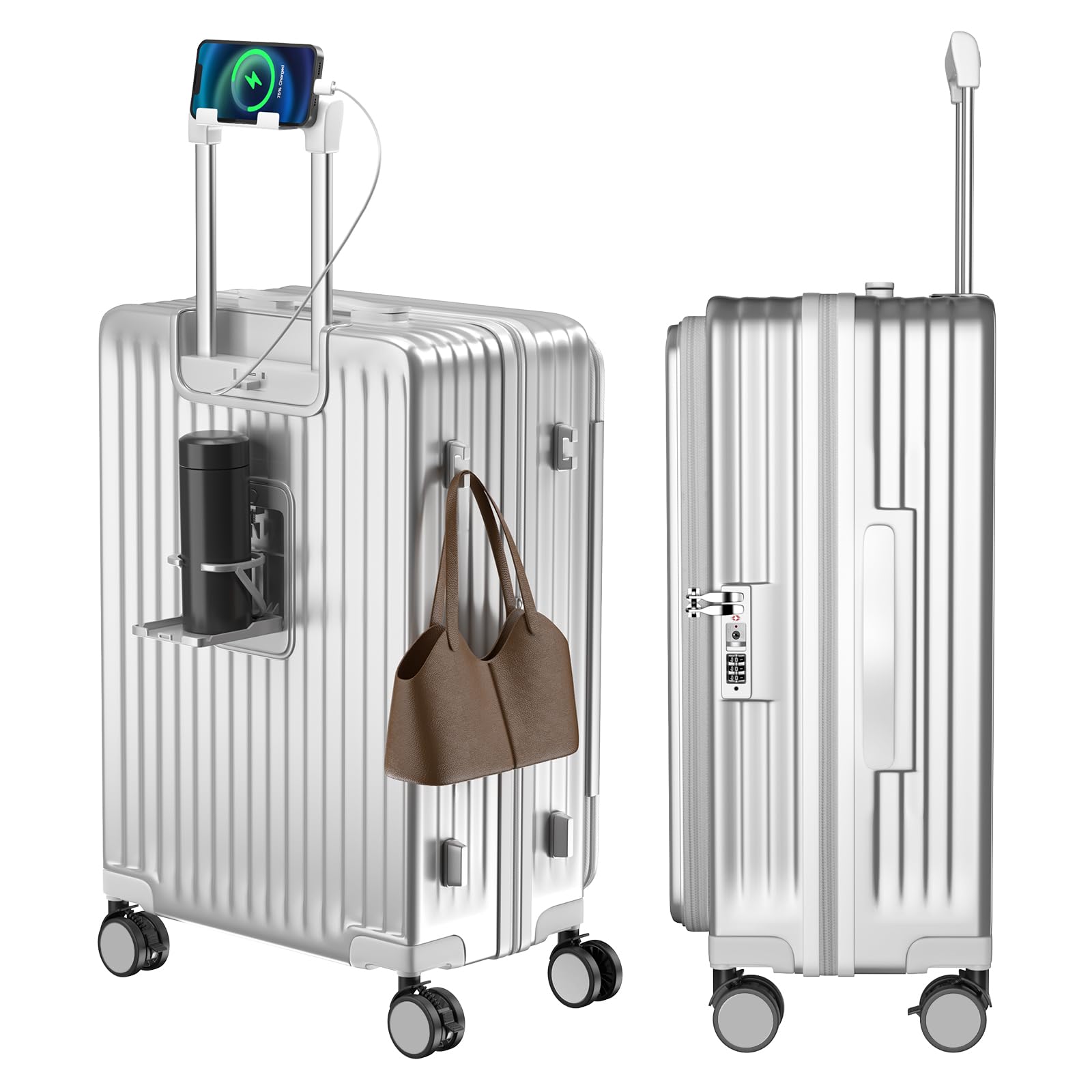 [Vivcon] スーツケース キャリーケース 多機能 片開き 拡張機能付き ストッパー付き キャリーバッグ 携帯スタンド USBポート付き カップホルダー付き 隠しフック機能 超軽量 耐衝撃 静音 360度回転 大容量 TSAロック搭載 旅行 ビジネス 出張 (シルバー, Sサイズ /45L （1-3泊）)商品画像
