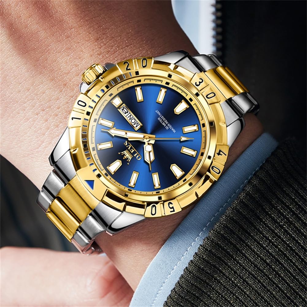 OLEVS Blue Watches for Men Dress Gold Big Face Mens Watches Classic Waterproof Analog Quartz Mens Wrist Watch Fashion Stainless Steel Date Date Luxury Reloj para Hombre