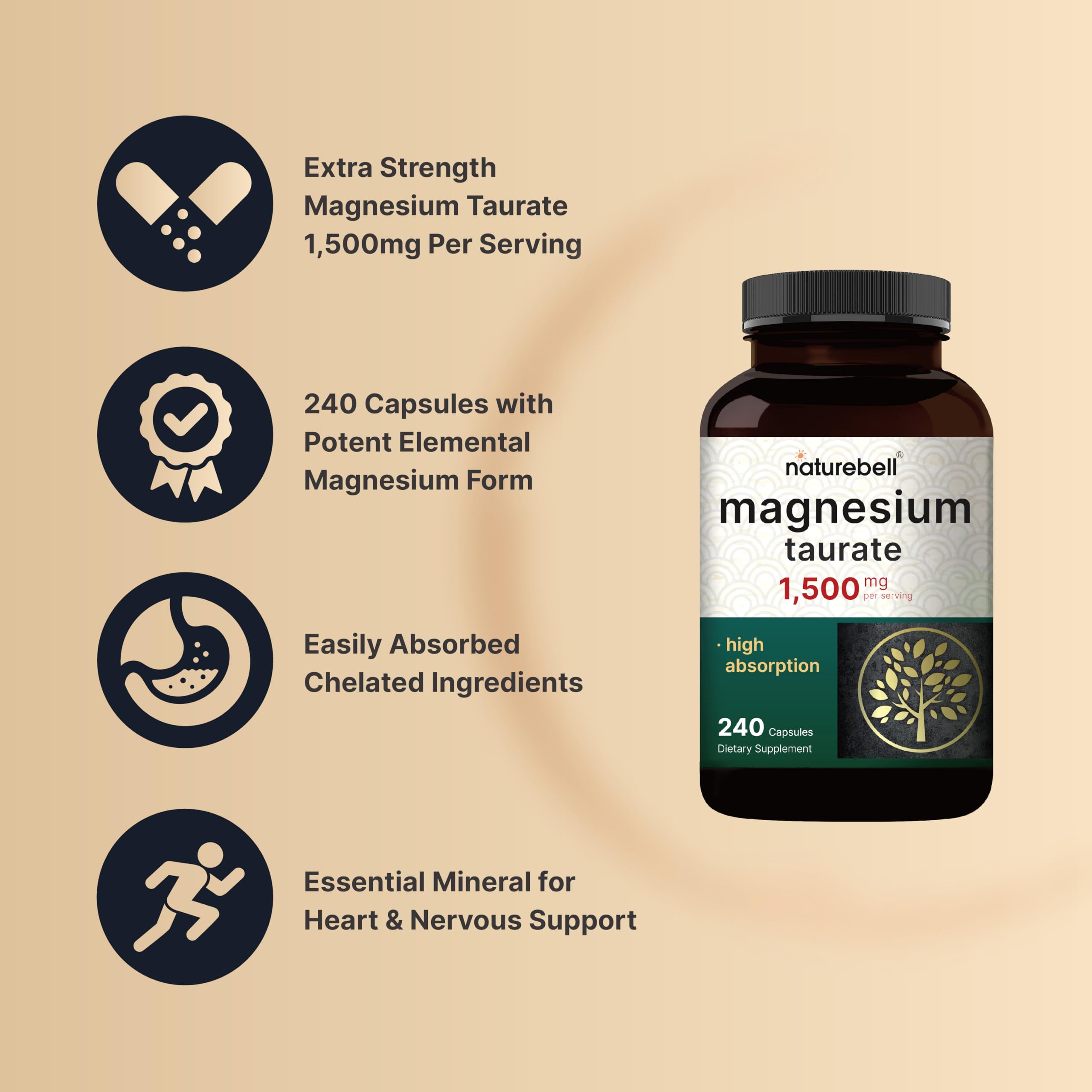 NatureBell Magnesium Taurate 1,500mg, 240 Capsules | Chelated for High Absorption | Heart & Nervous System Support | Non-GMO, Gluten-Free