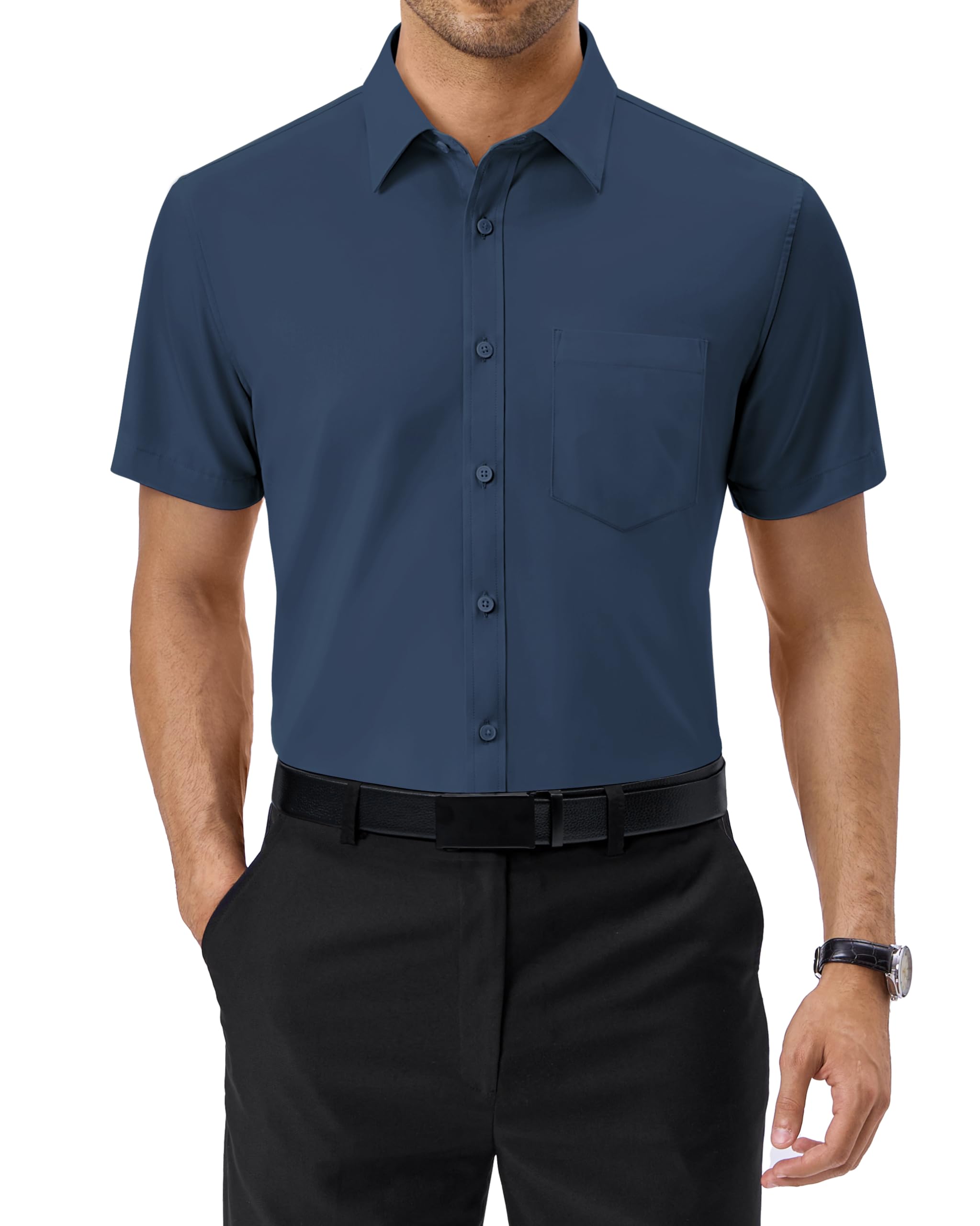 Photo 1 of Alimens & Gentle Mens Short Sleeve Dress Shirts Regular Fit Stretch Wrinkle-Resistant Button Down Shirts Denim Blue - XL