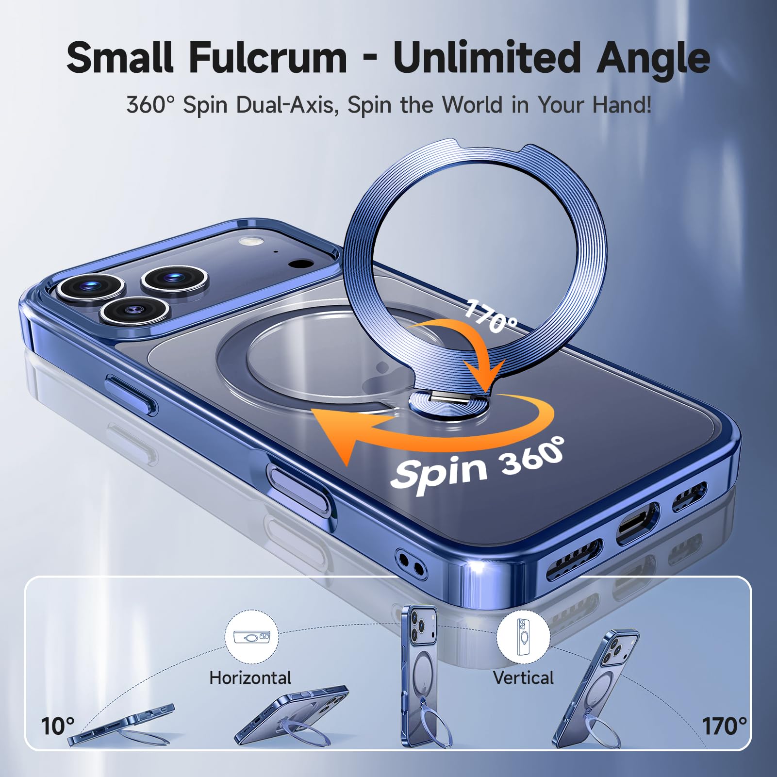 Condition photo showing New/Like New for [tri-shield protection] for iphone 17 pro max case with 360° spin stand compatible with magsafe [magnetic cd ring][screen & camera lens protector] shockproof plating never-yellowing, blue-6.9" iphone 17 pro max blue