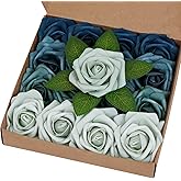 BLEUM CADE 16Pcs Artificial Flowers Fake Roses with Stems, Gradient Misty Blue Boxed Foam Roses for DIY Bouquets Centerpieces Wedding Party Arrangement Bridal Shower Decor