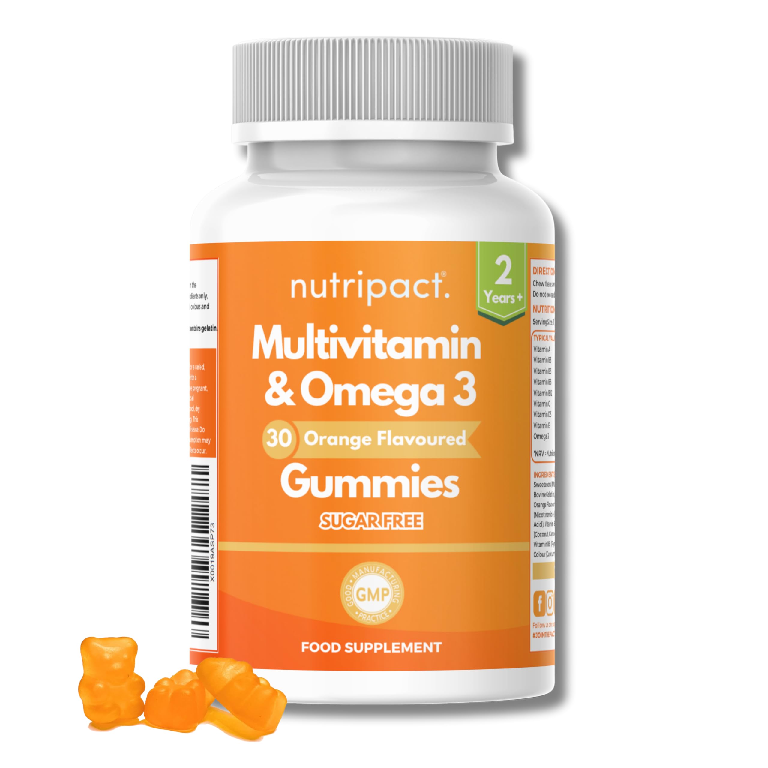 Nutripact Kids Multivitamin & Omega 3 Gummies | Ages 2+ | 30 Orange Flavour Chewable Sugar Free Gummies | with Vitamins A, B C, D, E, | DHA & EPA | Supports Immunity, Brain, Energy, Vision & Growth