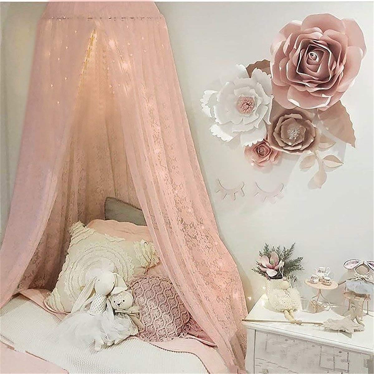 Jeteven Mosquito Net Pink Lace Dome Hanging Bed Canopy Play Tent Height 250cm/98.4in for Kids