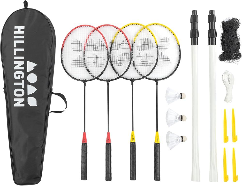 Hillington Badminton Set with Net for 4 Players – All-Weather Rackets & Carry