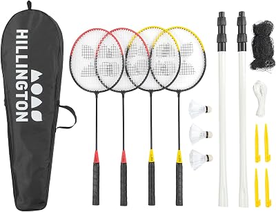 Hillington Badminton Set with Net for 4 Players – All-Weather Rackets & Carry
