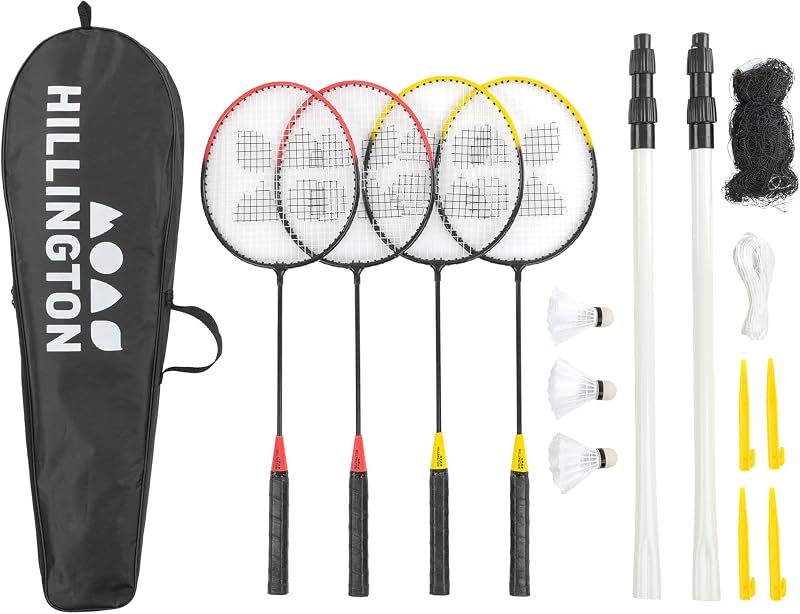 Hillington Badminton Set with Net for 4 Players – All-Weather Rackets & Carry