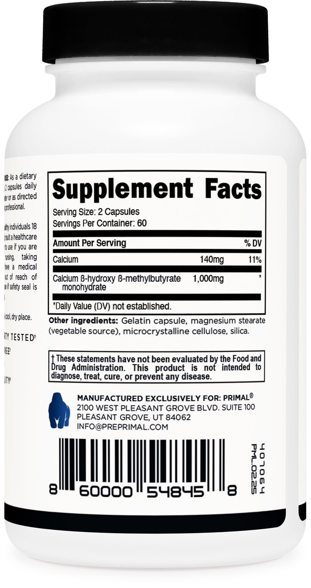Primal HMB (1000mg, 120 Capsules) | Athlete Formula, Gluten-Free, Non-GMO, 60 Servings