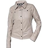 Jild Womens Button Front Lambskin Leather Jacket Shacket - Casual Shirt Long Sleeve Leather Jacket Women with Bust Pocket