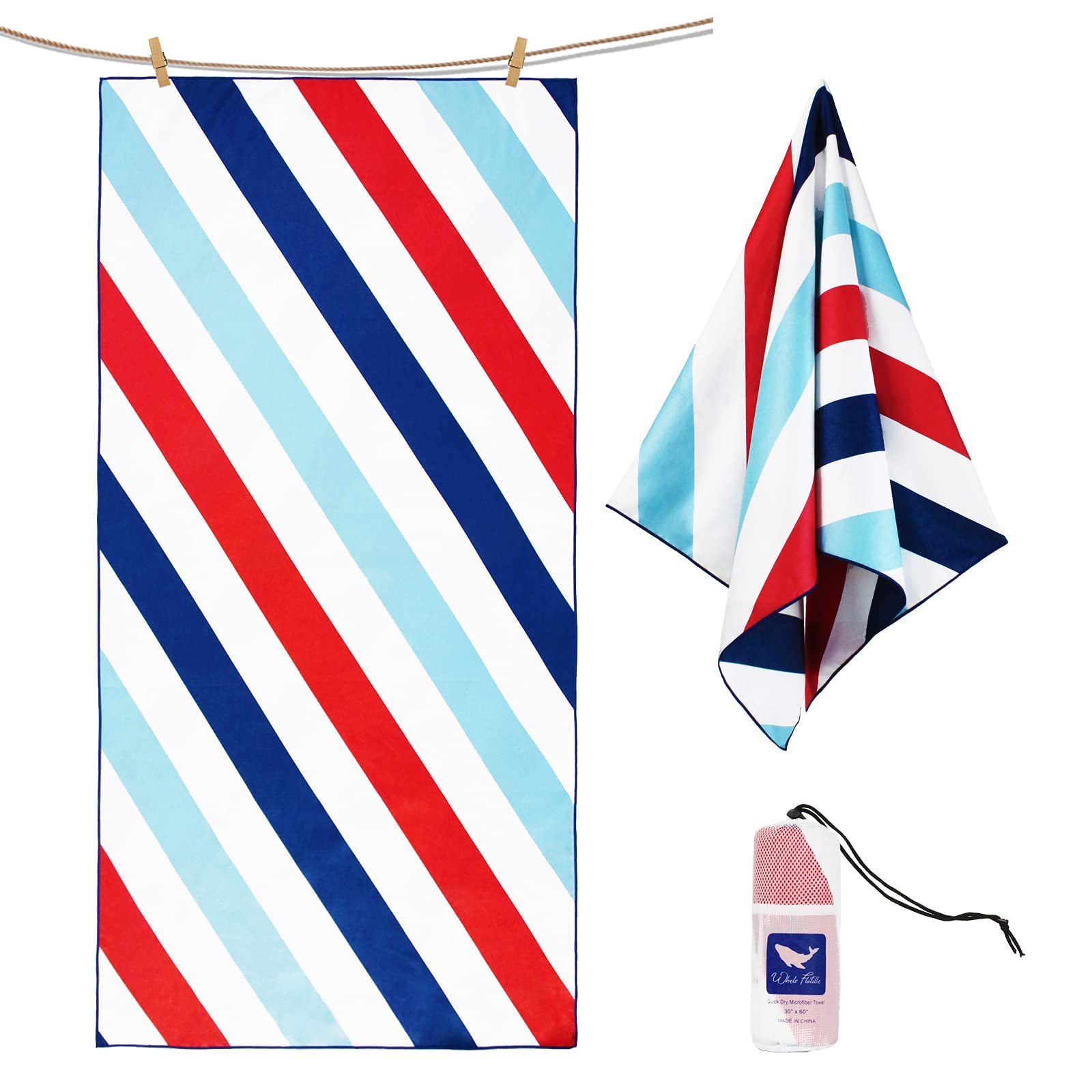Whale Flotilla Microfiber Oversized Quick Dry Beach Towel, Sand Free Cooling Travel Camp Pool Towel Set, Extra Absorbent and Portable, Striped Navy, 90x180 CM