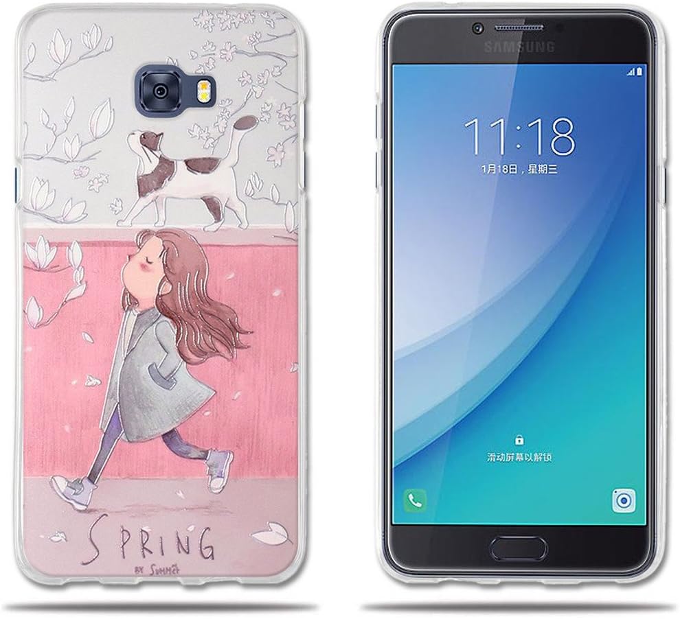 Samsung Galaxy C7 Pro Case 3D Cartoon Pattern [Girls and Cats In the Spring] [Impact Resistant][Shockproof][Slim Thin] Light Soft Rubber Gel TPU Silicone Protective Case Shell for Samsung C7 Pro