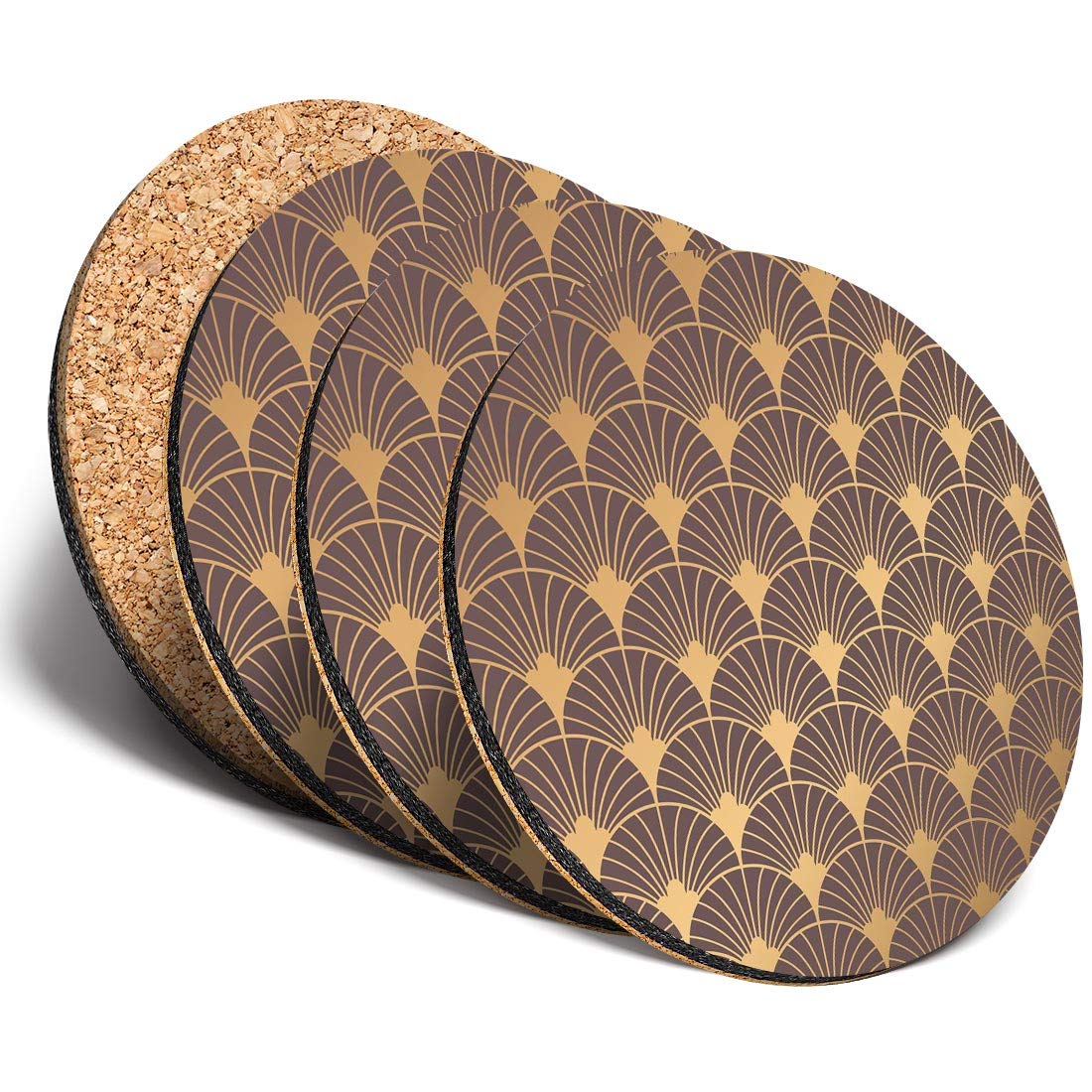Destination Vinyl Ltd Great Coasters (Set of 4) Round - Gold Art Deco Pattern Vintage Retro Drink Glossy Coasters/Tabletop Protection for Any Table Type #12761