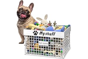 FOELLSTOE Dog Toy Bin Toy Basket Metal Storage Box with Handles Dog Organizer Chew-Proof Dog Toy Box Blankets Leashes Chest Puppy Dog Toy Storage White Wood Metal Container Home Decor Pet Toys Dog Cat