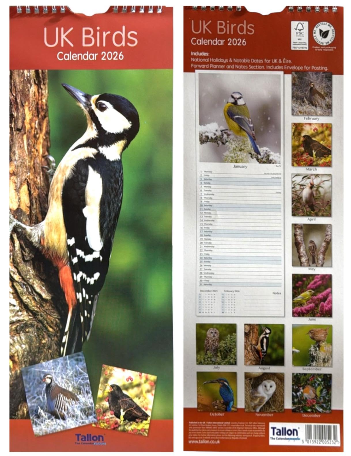 2026 Super Slim Month to View Spiral Bound Hanging Wall Calendar Home Office (Uk Birds)