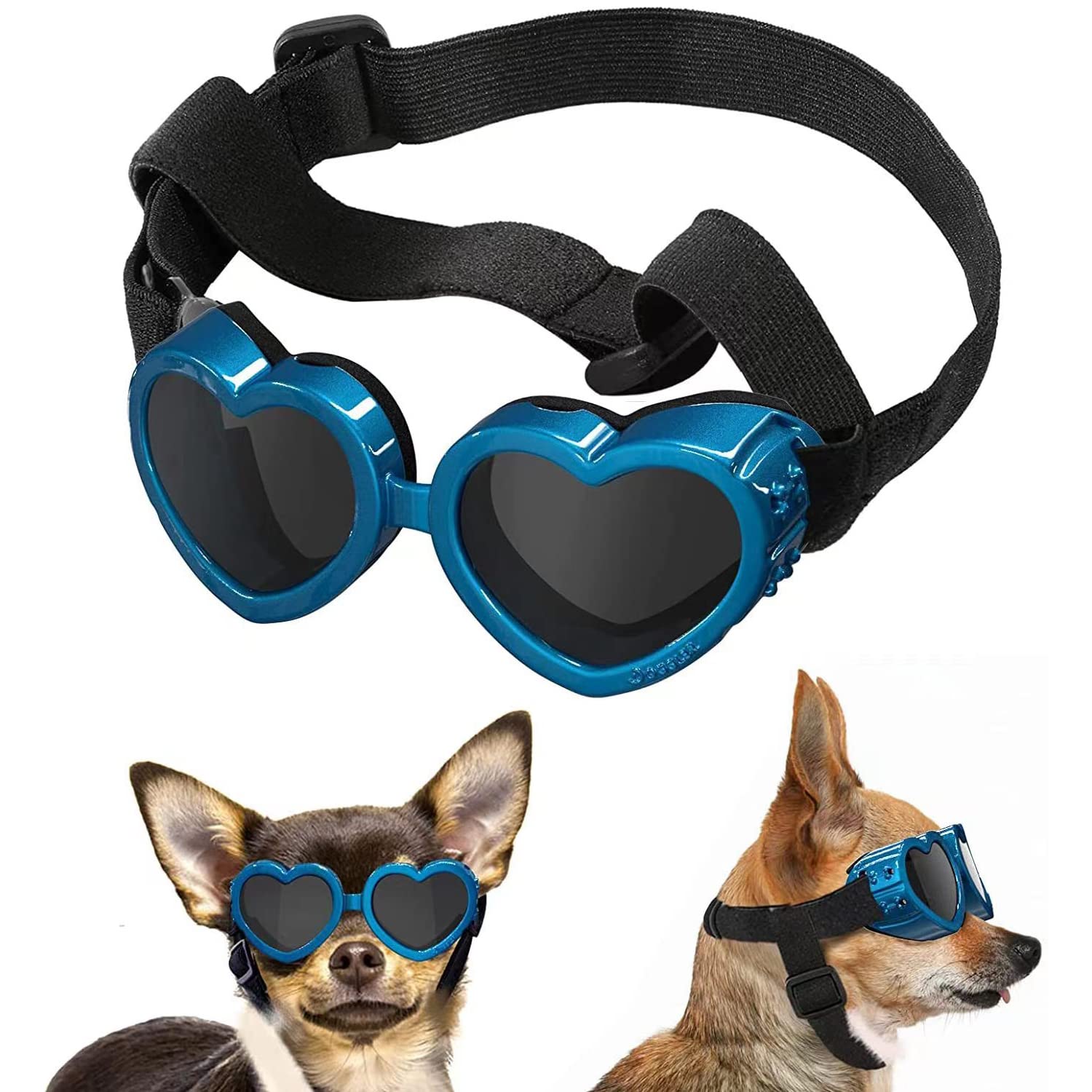 Blue Dream Island Dog Sunglasses, Heart-Shaped Adjustable Dog Goggles, UV Protective Glasses, Small to Medium Dogs, Blue