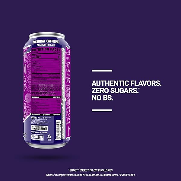 GHOST ENERGY DRINK – 12-PACK, WELCH’S GRAPE, 16OZ CANS – ENERGY & FOCUS & NO ARTIFICIAL COLORS – 200MG OF NATURAL CAFFEINE, L-CARNITINE & TAURINE – GLUTEN-FREE & VEGAN