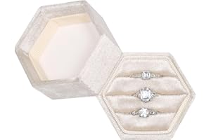 Vicoter Velvet Ring Box, 3 Slots Hexagon Jewelry Ring Gift Box Vintage Ring Display Holder Case for Wedding Ceremony Proposal Engagement (Beige)