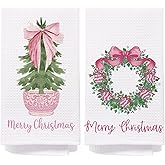 Chinoiserie Christmas Kitchen Towels, Pink Bow Coquette Christmas Tree Dish Towels for Kitchen Bathroom, Pink Christmas Hand Towels for Bathroom Kitchen, Grandmillennial Decor,Set of 2,16x24 Inches