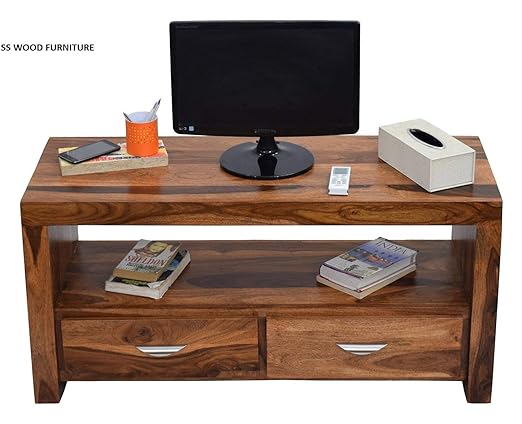 SS WOOD Furniture Sheesham Wood 1.10 Meter Natural Teak Finish 2 Draw TV Unit Cabinet Entertainment Stand