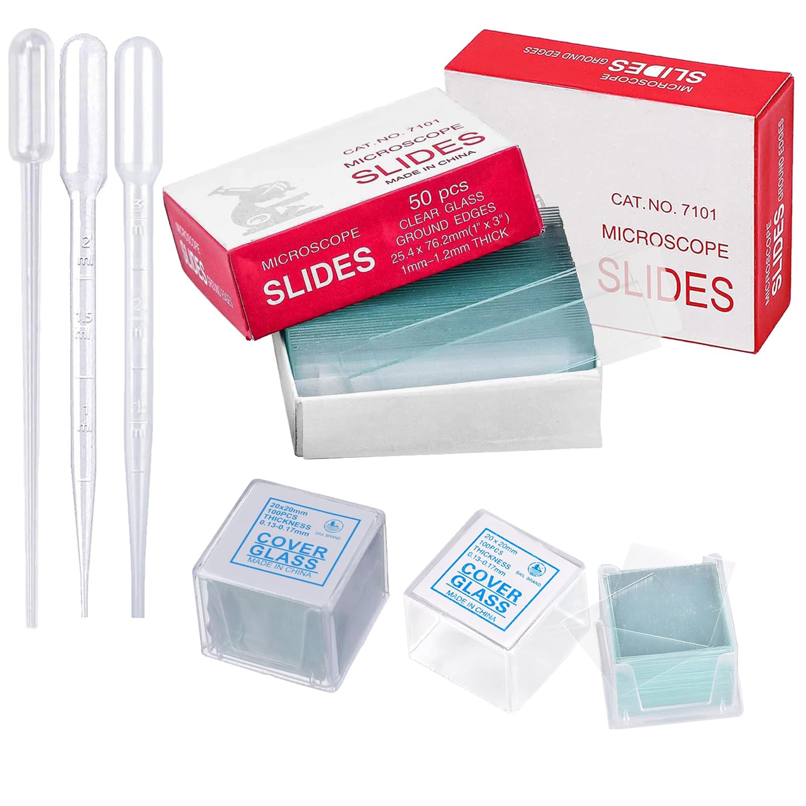 100 PCS High Quality Chamfered Pre-Cleaned Microscope Slides and Ground Edge 200 Pcs Pre-Cleaned Microscope Cover Glasses With 3 Different Capacity Plastic Droppers