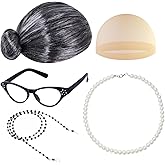 Haakong Old Lady Costume Set Granma Wig Granny Glasses Eyeglass Chains Faux Pearl Bead Necklace for Halloween Party Cosplay
