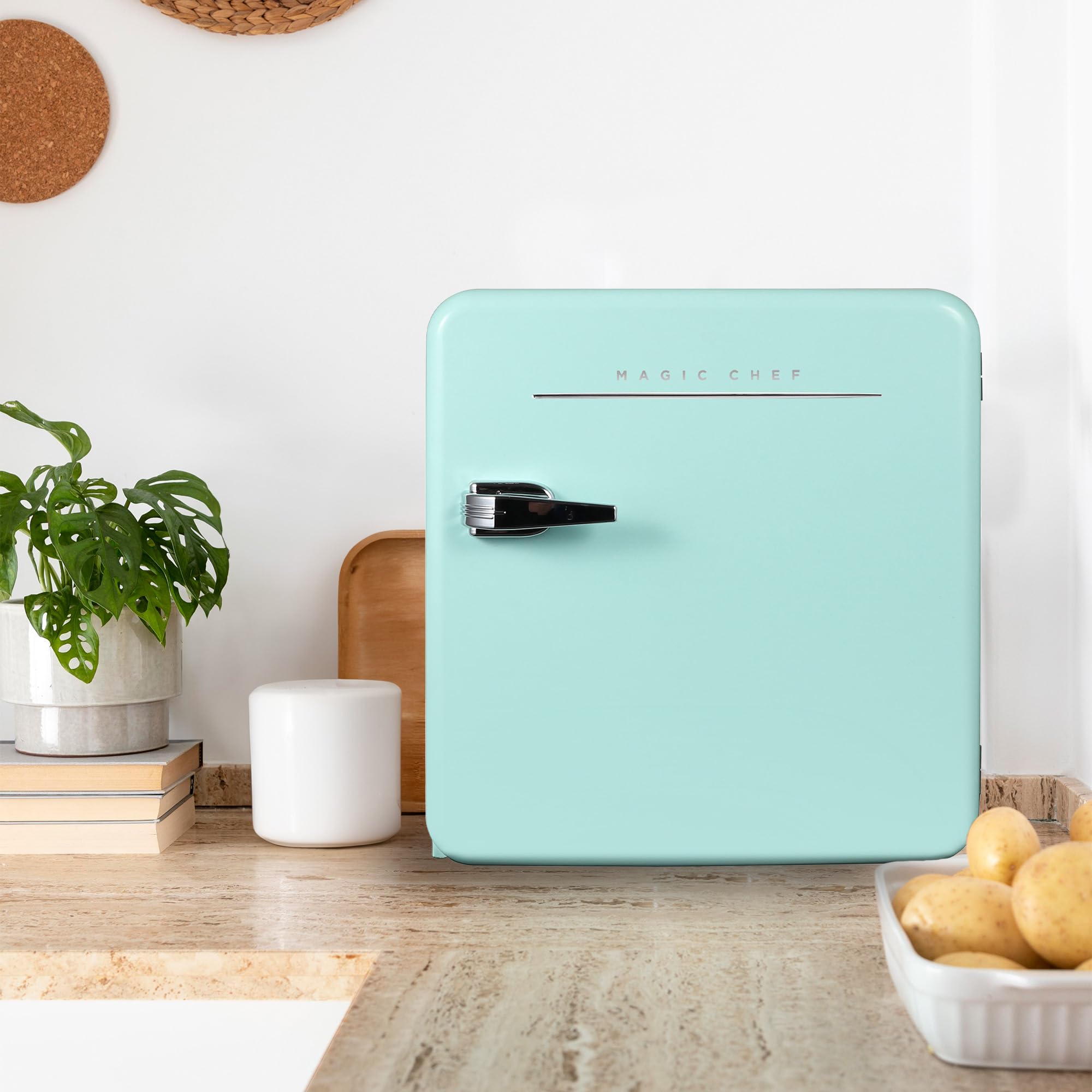 Magic Chef 1.6 Cubic Feet Retro Style Mini Fridge with Interior LED Light and Removable Glass Shelf Ideal for Bedroom and Recreational Room, Mint