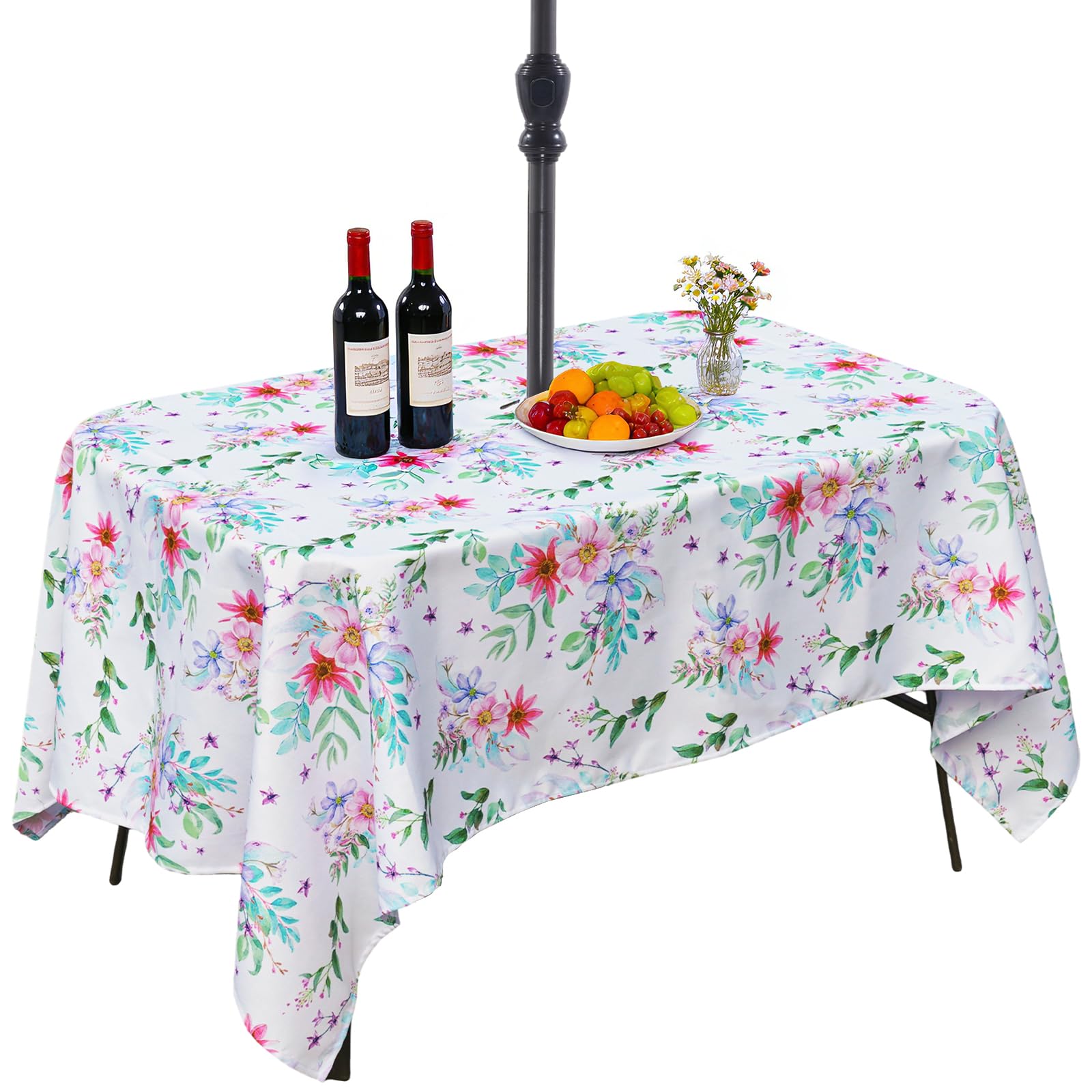 Eternal Beauty Rectangle Indoor & Outdoor Splashproof Tablecloth with Umbrella Hole and Zipper for Patio Garden Party and BBQ (152x213cm, Light Floral)