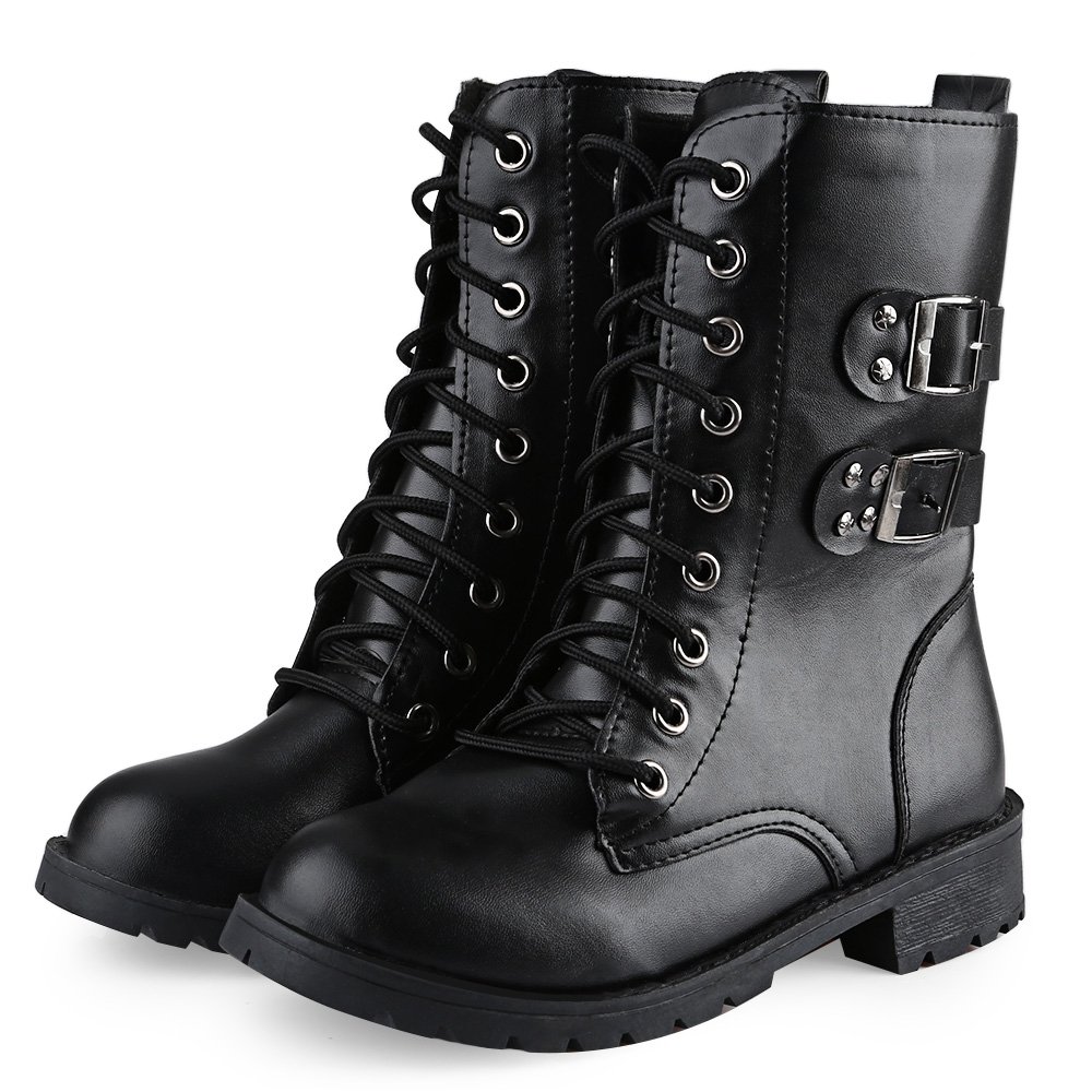 hannea stylish pure color buckle design lace up ladies martin boots