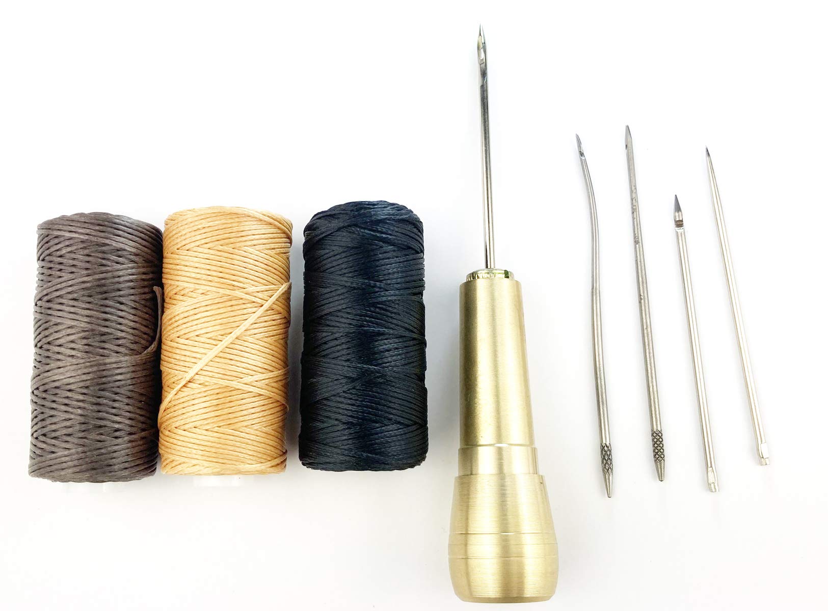 Becho 5 Needles Hand Stitcher Sets Sewing Awl With Copper Handle for Shoe Repair and 150D/150m Sewing Waxed Thread for DIY Sewing Canvas/LeatherCraft(Gold)
